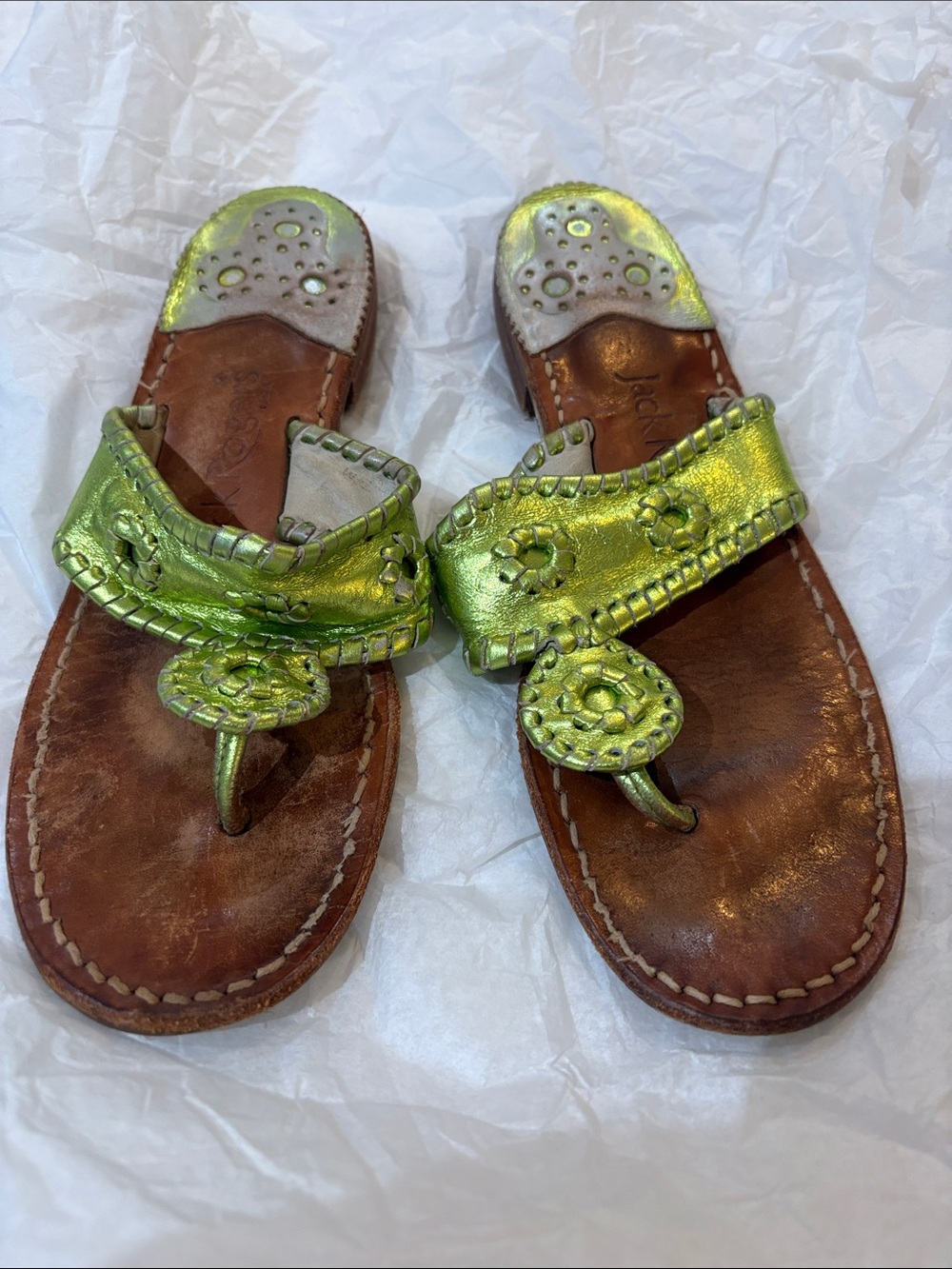 Jack Rogers Metallic Lime Green Leather Thong Sandals